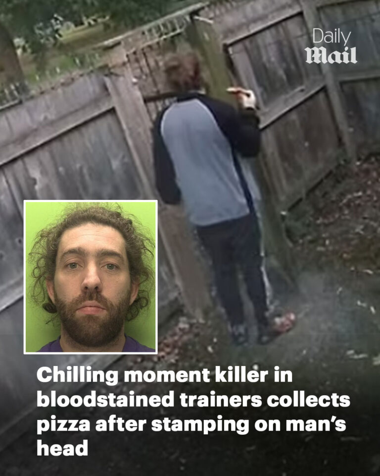 Chilling moment killer in bloodstained trainers collects pizza after stamping on his friend’s head – as he is jailed